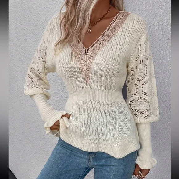 Comfy Sheer Mesh Crochet Guipure Lace Cuff Long Sleeve Peplum Knit Sweater - Picture 5 of 5